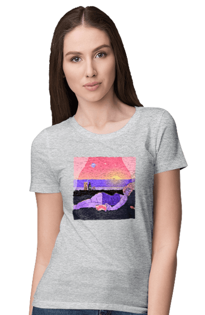 Women`s t-shirt with prints Purple Girl On Vacation. Girl, sunset, telephone. 2070702