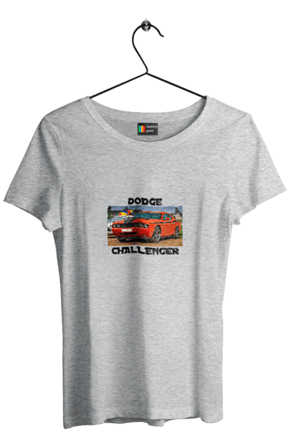 Women`s t-shirt with prints Dodge challenger. Auto, car, classic car, cult car, dodge challenger, oil car, powerful car. 2070702