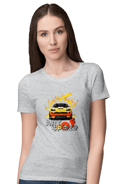 Women`s t-shirt with prints Car on fire. Car, fire, speed, sport car, sports car. 2070702