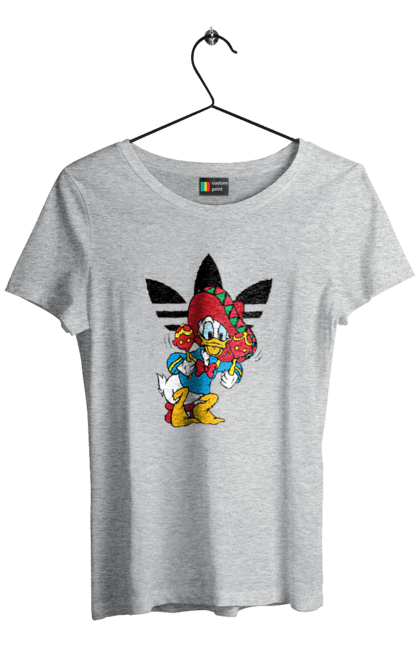 Футболка женская с принтом Adidas Дональд Дак. Adidas, daisy duck, donald duck, адидас, дейзи дак, дональд дак, мультсериал, мультфильм. 2070702