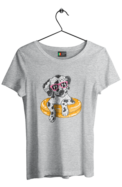 Women`s t-shirt with prints Dalmatian Swims In A Circle. Dalmatian, dog, glasses, to swim. 2070702