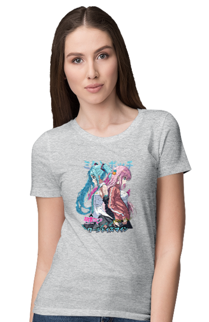 Women's t-shirt with prints Hatsune Miku and Hitori Gotou. Anime, bocchi the rock, hatsune miku, hitori goto, hitori gotou, lonely rocker, miku, rocker, vocaloid. 2070702