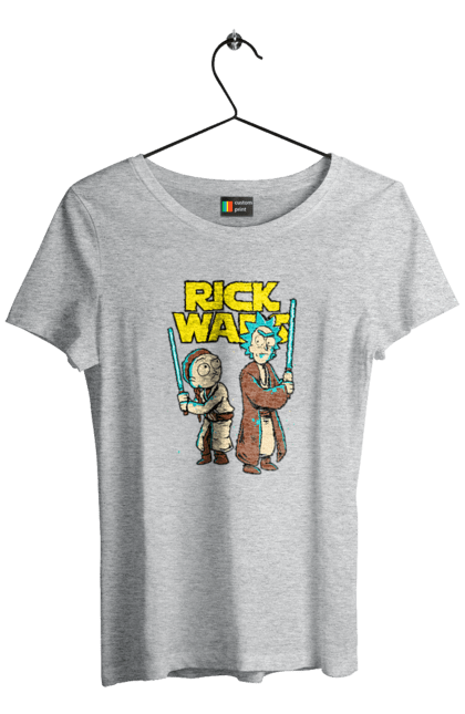 Футболка женская с принтом Рик и Морти. Rick and morty, star wars, звездные войны, мультфильм, научная фантастика, приключения, рик, рик и морти, сериал. 2070702