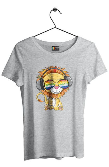 Women`s t-shirt with prints Lion In Glasses And Headphones. Glasses, headphones, lion cub. 2070702