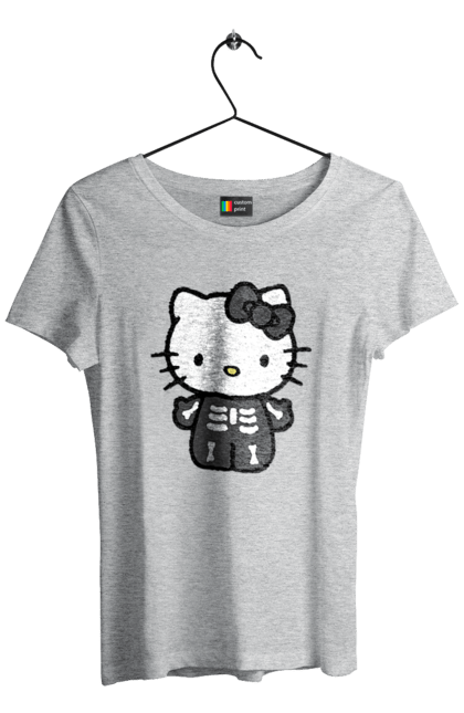 Футболка жіноча з принтом "Хелло Кітті Хелловін". Halloween, hello kitty, zombie, бренд, зомбі, кошеня, персонаж, скелет, хелло кітті, хелловін. 2070702