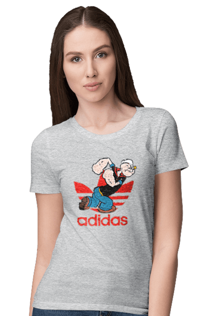 Футболка женская с принтом Adidas Моряк Попай. Adidas, popeye the sailor, адидас, комикс, моряк, мультфильм, сериал, трубка. 2070702