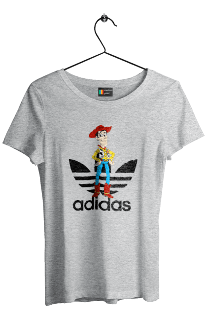 Футболка женская с принтом Adidas Вуди. Adidas, toy story, woody, адидас, вуди, история игрушек, мультфильм. 2070702