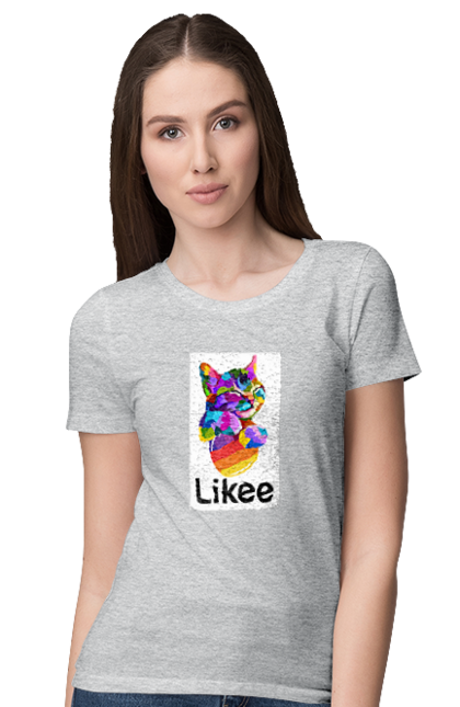 Футболка жіноча з принтом "Котик Лайки". Likee, кіт, котик, серце, соціальна мережа. CustomPrint.market