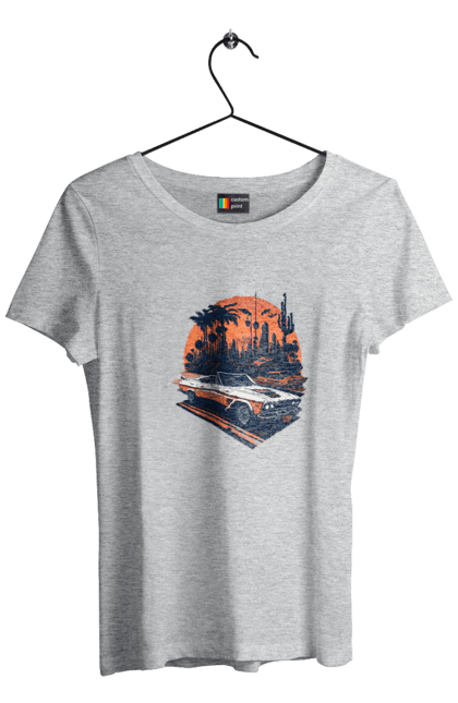 Women`s t-shirt with prints Beautiful car at sunset. Auto, sun, sunset. 2070702