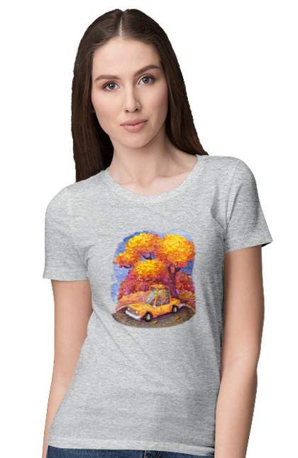 Футболка жіноча з принтом "Осiнь Авто Дерево". Дерево, жовтий мила ілюстрація, машина, осінь, помаранчевий. 2070702