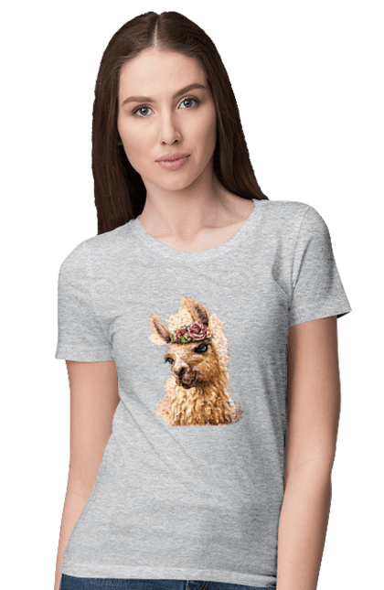 Women`s t-shirt with prints Lama Portrait. Animal, lama, portrait. 2070702