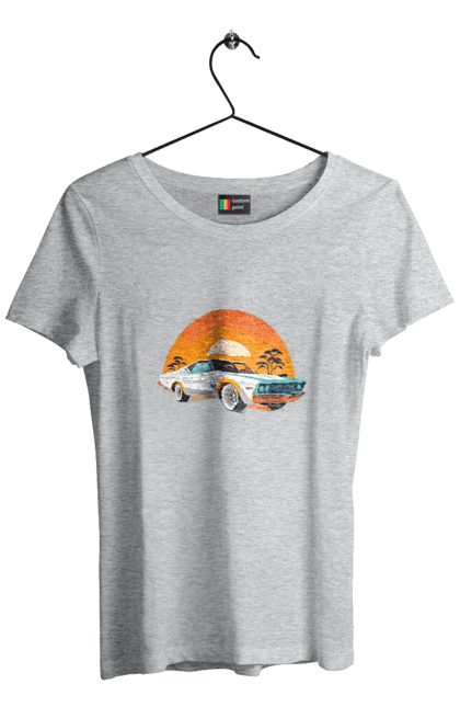 Women`s t-shirt with prints Beautiful car at sunset. Auto, decline, sun. 2070702