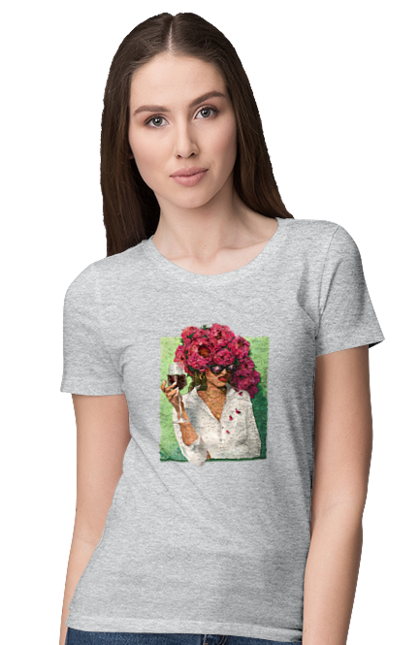 Women`s t-shirt with prints Girl with peonies and a glass. Flower, girl, glasses, goblet, peonies, shirt, summer, wine. 2070702