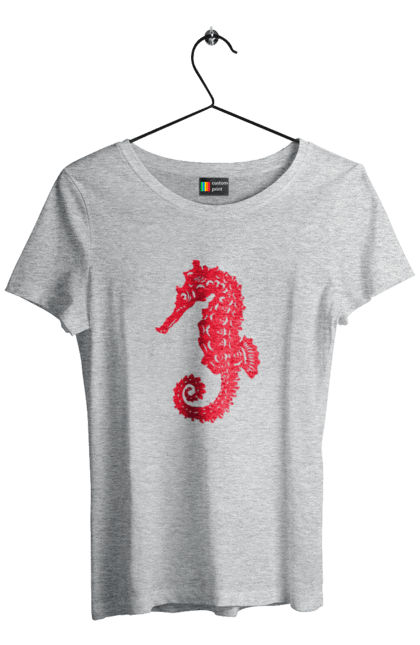 Футболка жіноча з принтом "Морський коник". Відпочинок, квіти, літні канікули, літо, море, морський коник, морські жителі. 2070702