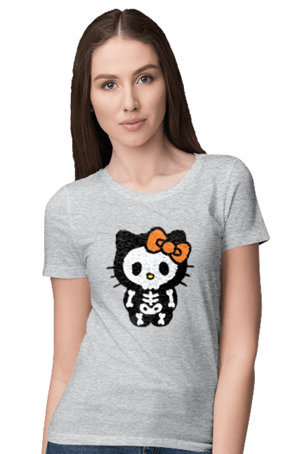 Футболка жіноча з принтом "Хелло Кітті Хелловін". Halloween, hello kitty, zombie, бренд, зомбі, кошеня, персонаж, скелет, хелло кітті, хелловін. 2070702