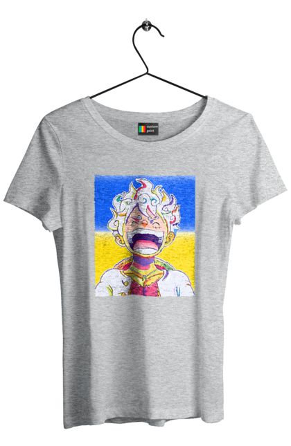 Футболка жіноча з принтом "Монкі д Луффі сміється на жовто блактному фоні". Ван піс, луффі, монкі д. луффі, прапор україни, символ україни, україна. 2070702