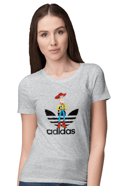 Футболка женская с принтом Adidas Вуди. Adidas, toy story, woody, адидас, вуди, история игрушек, мультфильм. 2070702