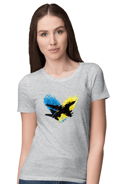 Women`s t-shirt with prints Airplane F 16. Aircraft f16, airplane, f16, flag, patriotic, ssu, with a flag. 2070702