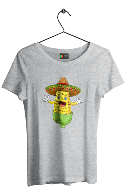 Women`s t-shirt with prints Sombrero Corn. Corn, food, sombrero. 2070702
