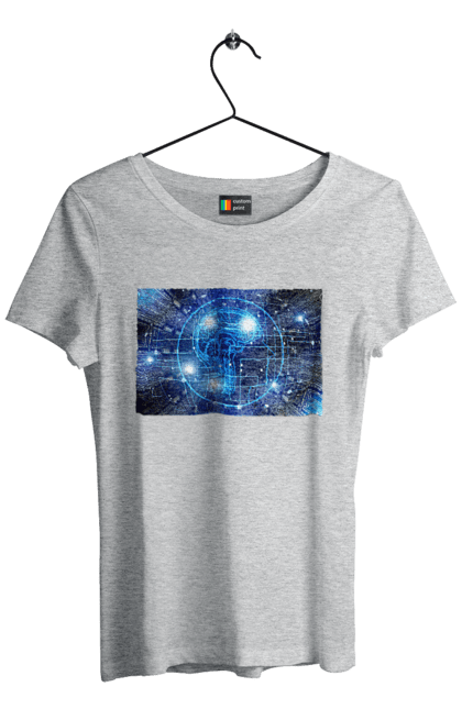 Футболка жіноча з принтом "Штучний інтелект". Айті, айтішник, гік, знання, інженер, інтелект, кібер, кібернетика, кіборг, код, комп, комп`ютерник, кристал, машинне навчання, мікросхема, мозок, портрет, програміст, професіонал, професія, розробник, розум, хакер, чіп, штучний інтелект, штучний розум. 2070702