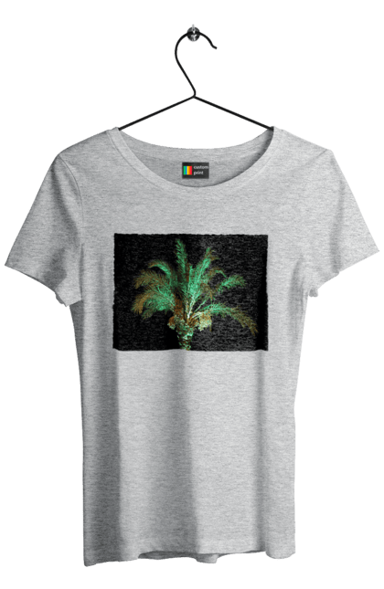 Футболка жіноча з принтом "Фінікова Пальма Вночі". Берег, відпочинок, відпустка, зелений, море, ніч, оазис, океан, острів, пальма, південь, подорож, пригоди, тропіки, фінікова, чорне. 2070702