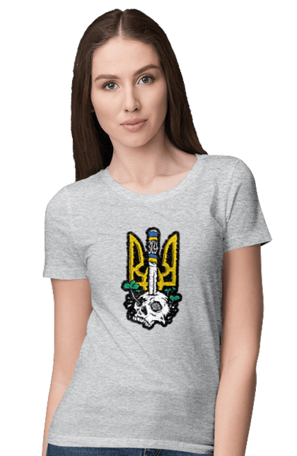 Футболка жіноча з принтом "Герб ЗСУ". Герб, зсу, патріотична, прапор, череп. 2070702