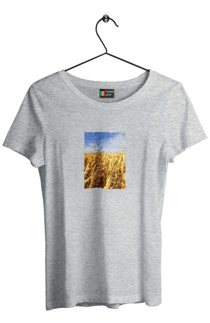 Women`s t-shirt with prints Ukraine. Beauty, blue, field, nature, sky, wheat. 2070702