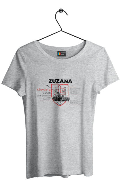 Футболка жіноча з принтом "Zuzana (САУ) два герби (англійська)". Zuzana, гаубиця, два герби, залужний, сюзанна. 2070702