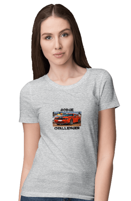 Women`s t-shirt with prints Dodge challenger. Auto, car, classic car, cult car, dodge challenger, oil car, powerful car. 2070702