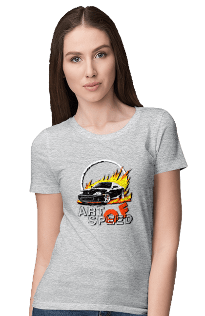 Women`s t-shirt with prints Car on fire. Auto, car on fire, drift, race, speed, sport, sports car. 2070702