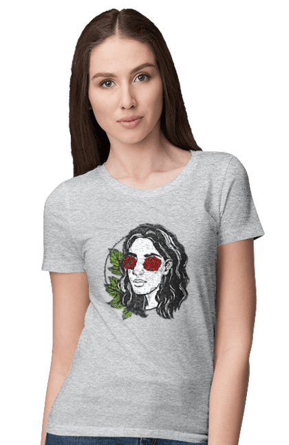 Women`s t-shirt with prints Girl With Roses In The Eyes. Girl, rose flower. 2070702