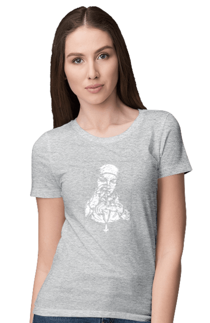 Women`s t-shirt with prints The nun sniffs the powder. Cool, cross, fashionable, nun, popular. 2070702