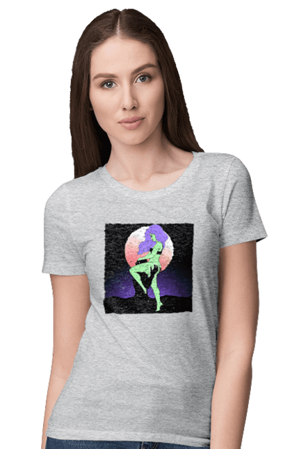 Футболка женская с принтом Зеленая Девушка И Луна. Инопланетянка, луна. 2070702