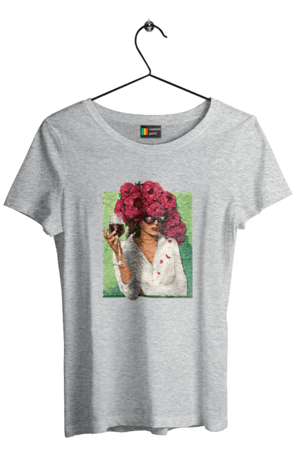 Women`s t-shirt with prints Girl with peonies and a glass. Flower, girl, glasses, goblet, peonies, shirt, summer, wine. 2070702