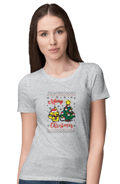 Women`s t-shirt with prints Pikachu Merry Christmas!. Anime, christmas, game, manga, merry christmas, nintendo, pikachu, pokemon. 2070702
