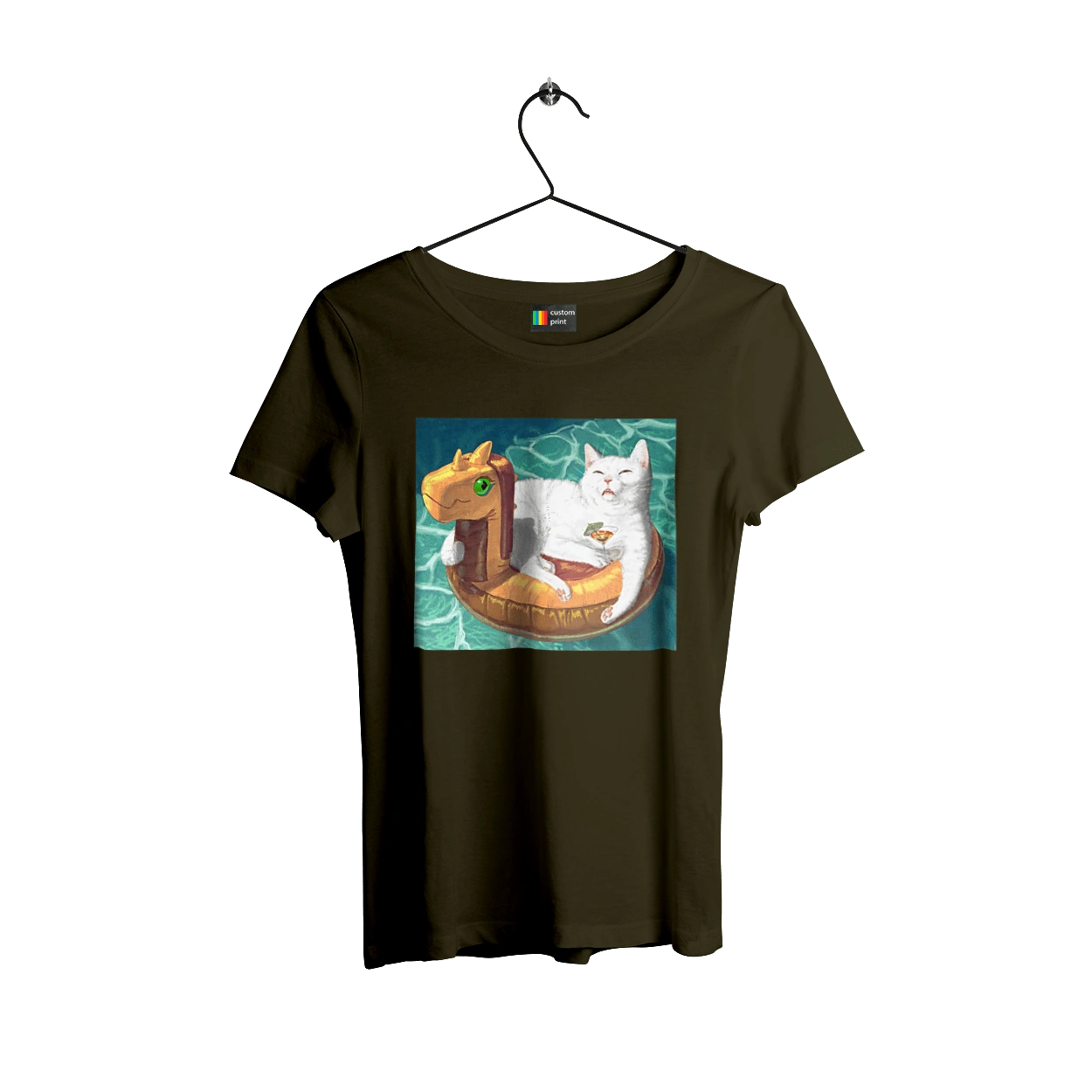 White cat in a swimming circle on vacation