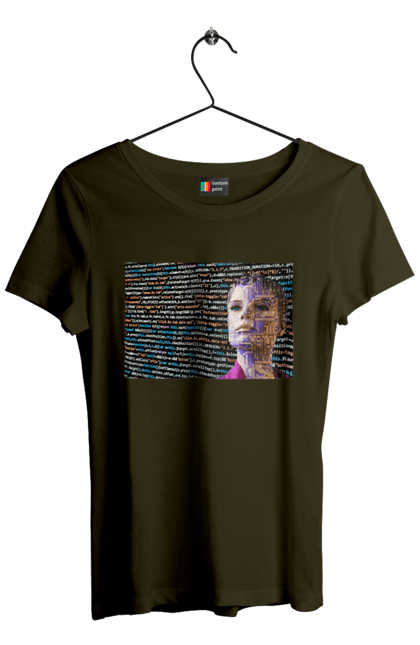 Футболка жіноча з принтом "Штучний Розум". Айті, айтішник, гик, жінка, знання, інженер, інтелект, кібер, кібернетика, кіборг, код, комп, комп`ютерник, кристал, машинне навчання, мікросхема, мозок, портрет, програміст, професіонал, професія, розробник, розум, світиться, світло, хакер, чіп, штучний інтелект, штучний розум. 2070702