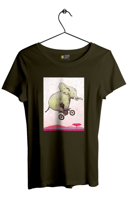 Футболка жіноча з принтом "Слон На Мотоциклі". Мотоцикл, політ, слон. 2070702