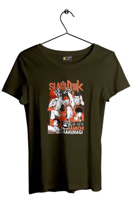 Футболка жіноча з принтом "Слем данк Сакурагі Ханамічі". Hanamichi sakuragi, slam dunk, аніме, баскетбол, манга, сакурагі ханамічі, слем-данк, спокон, спортивне аніме, сьонен. 2070702