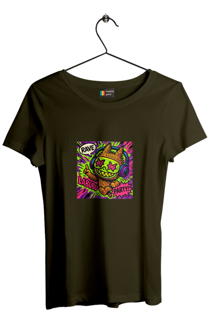 Футболка жіноча з принтом "Лабубу". Вечірка, вуличне мистецтво, графіті, зоряніочі, коміксстиль, лабубу, навушники, неон, попарт, рейв. 2070702