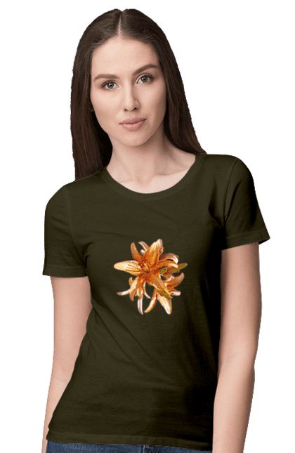 Women`s t-shirt with prints Orange lily. Beauty, flower, lily, nature, orange, solar. 2070702