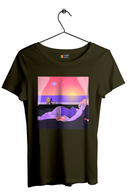 Футболка жіноча з принтом "Фіолетова Дівчина На Відпочинку". Дівчина, захід, телефон. 2070702