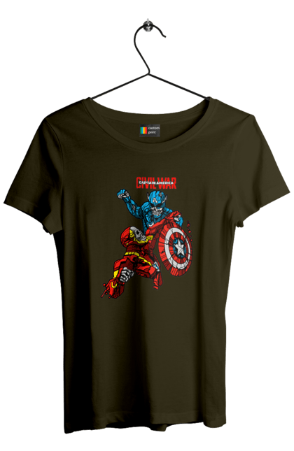 Women's t-shirt with prints Iron Man vs Captain America. Avengers, captain america, civil war, comic, comics, film, iron man, marvel, marvel comics, tony stark. 2070702