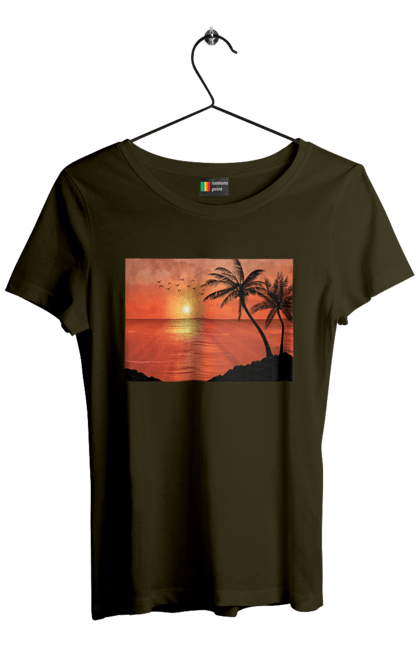 Футболка жіноча з принтом "Захід Пальми Море". Берег, захід, море, пальми. 2070702