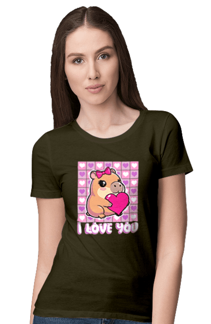 Women`s t-shirt with prints Capybara in love. Capybara, cute animals, hearts, i love you, love, romance, romantic gift, valentine, valentine`s day. 2070702