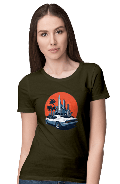 Women`s t-shirt with prints Car. Race, speed, sport car, sunset. 2070702
