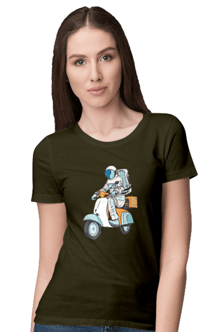 Women`s t-shirt with prints Astronaut on a motorcycle. Cosmonaut, motorcycle, space. 2070702