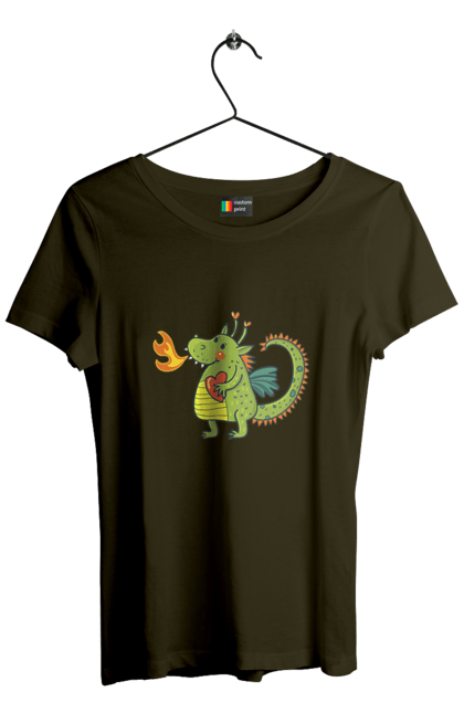 Women's t-shirt with prints Dragon in love. Dragon, fire, green dragon, heart, hearts, love, new year, symbol 2024. 2070702