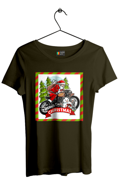 Women`s t-shirt with prints Santa on a motorcycle. Christmas, motorcycle, new year, presents, santa, snowman, tree. 2070702