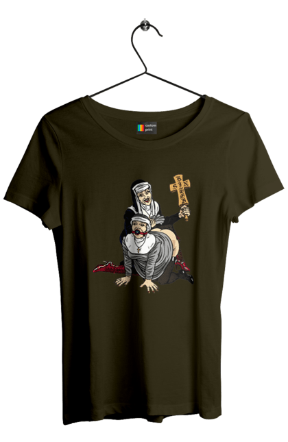 Футболка жіноча з принтом "Монашки БДСМ". Бдсм, крута, модна, молодіжна, плескає по дупі, рок, рольові ігри, черниці бдсм, черницю, черниця. 2070702